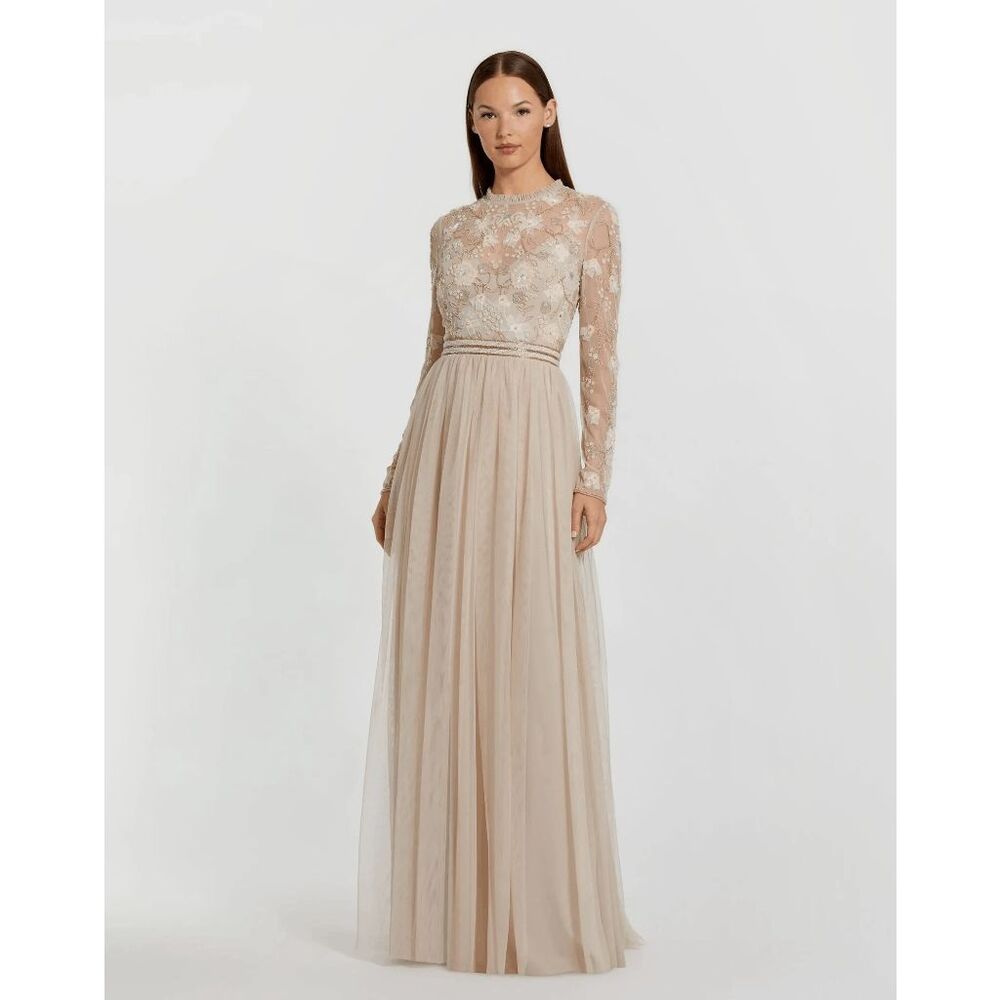 Mac Duggal Beige Embellished Illusion High Neck Long Sleeve Gown in Vanilla Size